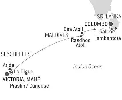 Маршрут круиза по Сейшелам, Мальдивам и Шри-Ланке на мега-яхте Le Jacques-Cartier