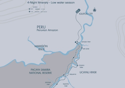 Маршрут люкс-круиза «4 ночи» на судне Aria Amazon в сезон низкой воды