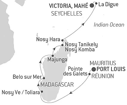 Карта круиза «Приключения на Мадагаскаре на мега-яхте «Le Champlain»